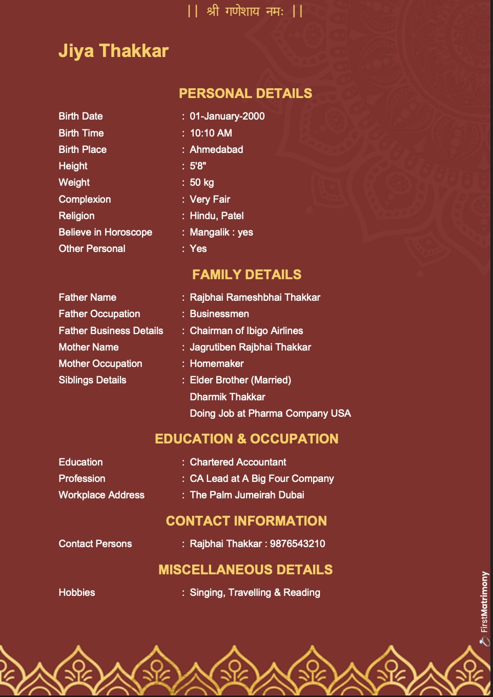 Classic Tradition — matrimonial biodata template preview