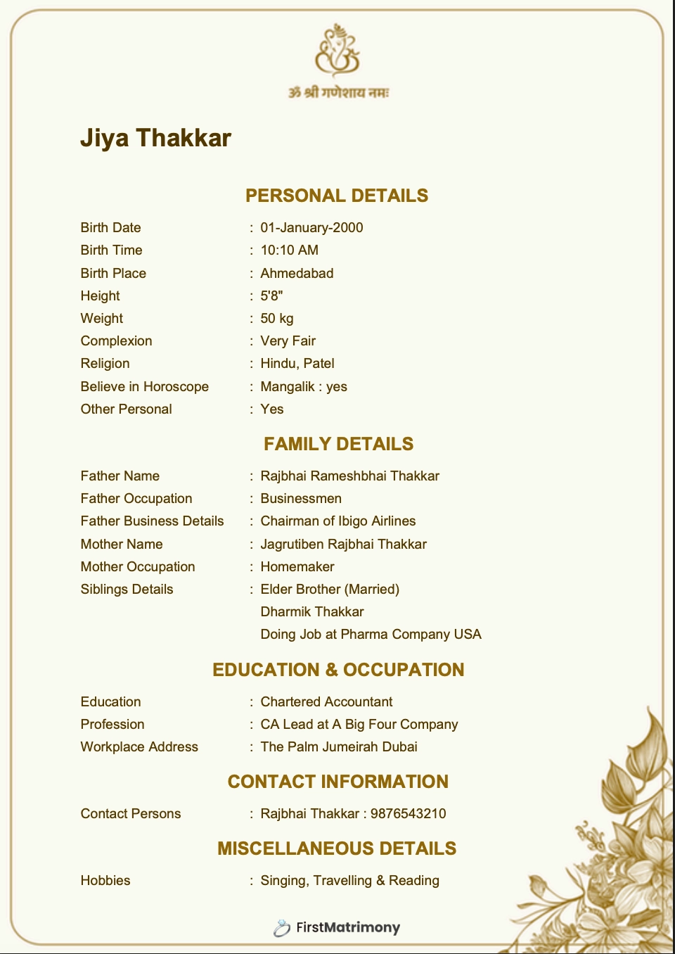 Floral Charm — matrimonial biodata template preview