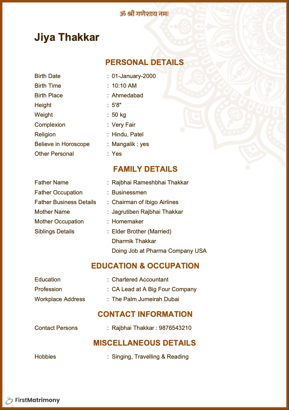 Modern Minimalist — matrimonial biodata template preview