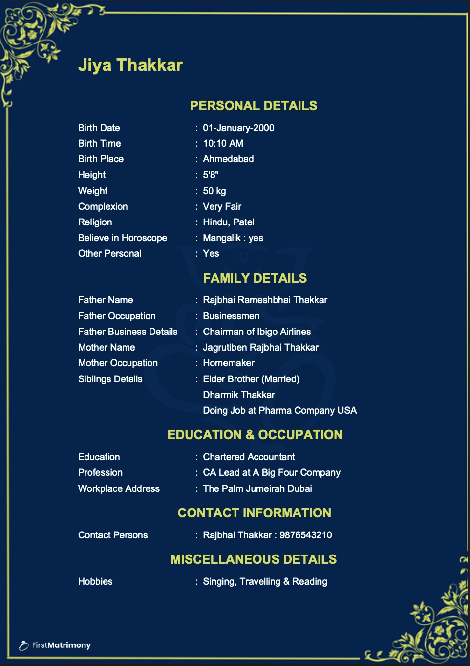 Royal Elegance — matrimonial biodata template preview